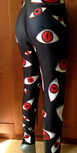 Black leggings printed with red eye pattern